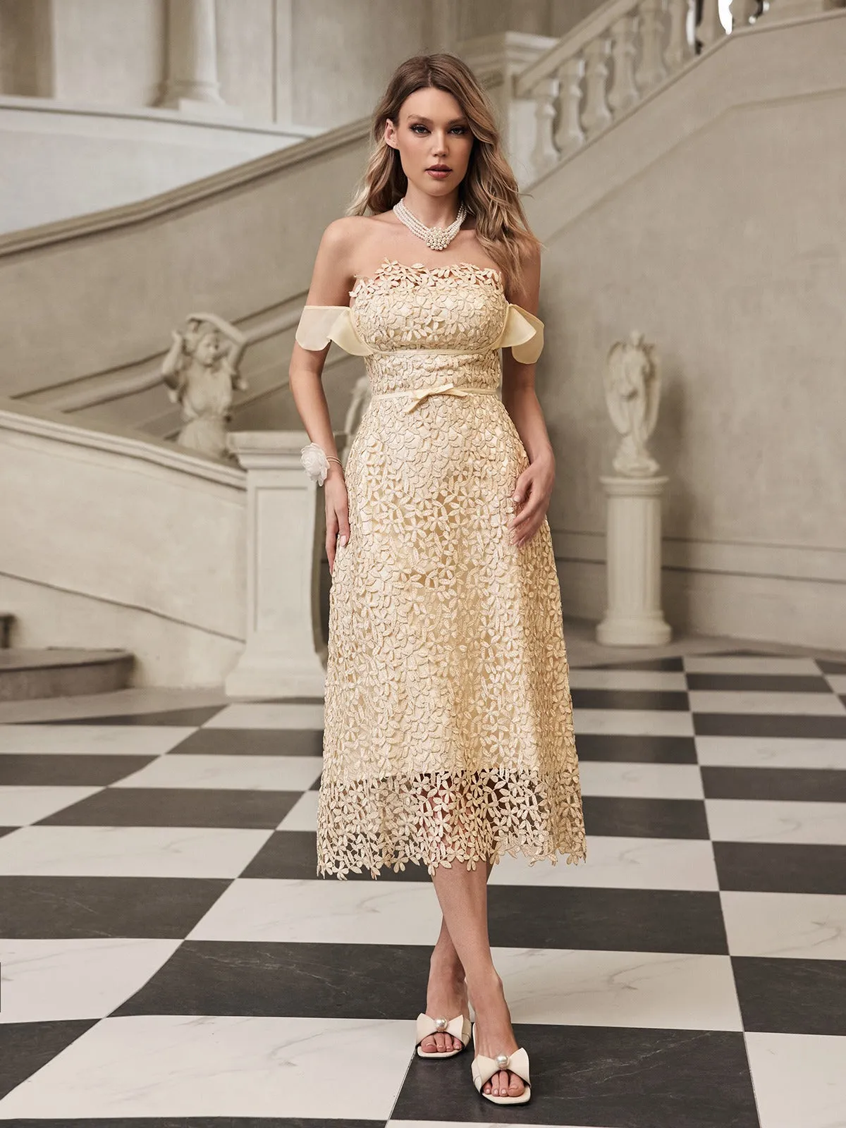 Geyren Off Shoulder Embroidered Midi Dress sold by Mew Mews