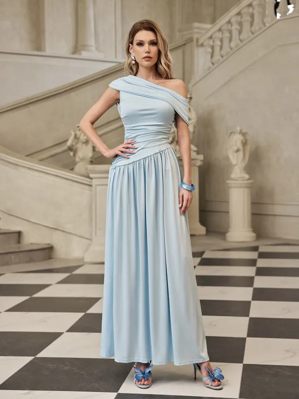 Gaelyra One Shoulder Ruched Maxi Dress In Sky sold by Mew Mews