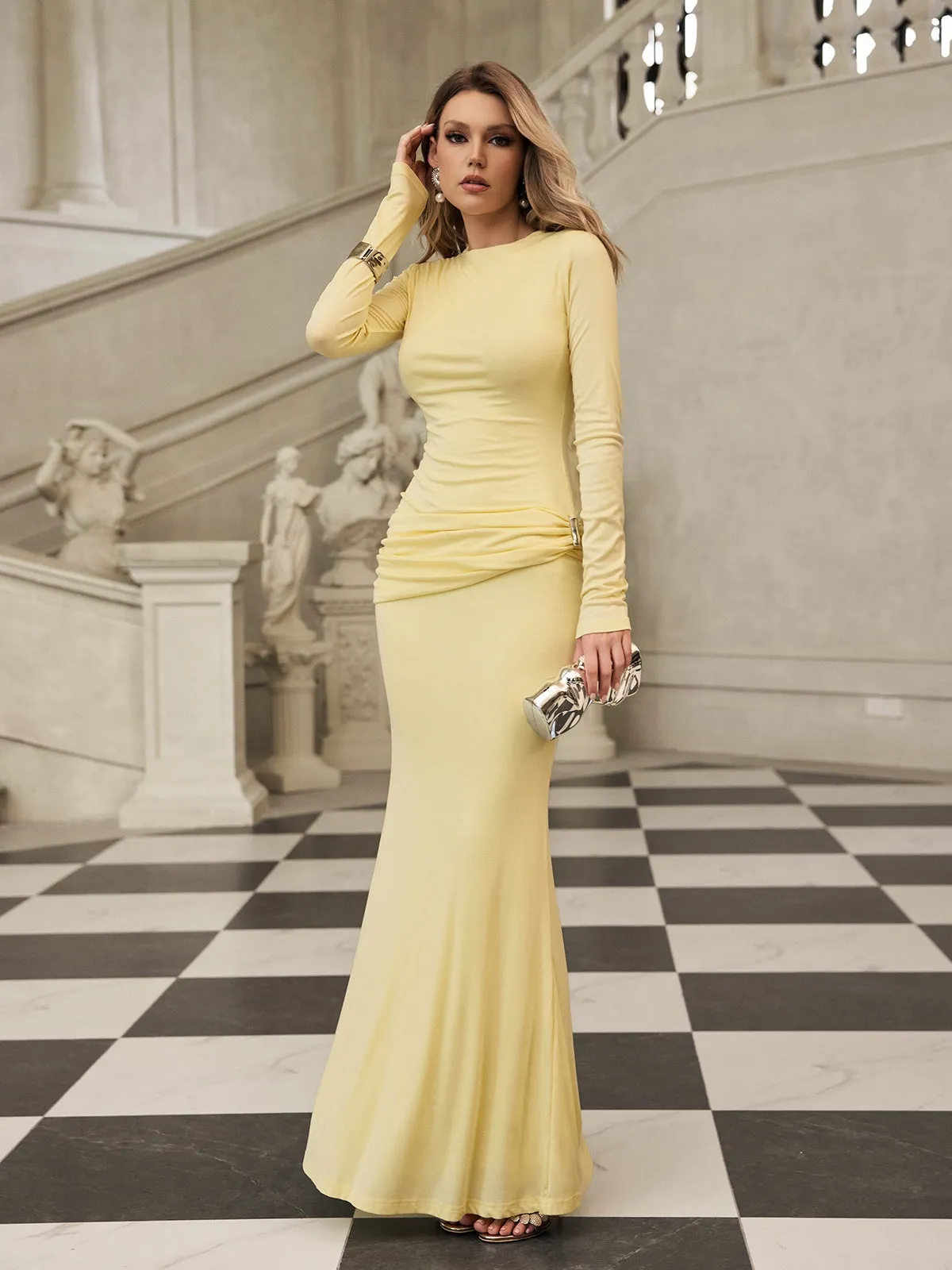 Paeltrix Long Sleeve Ruched Maxi Dress In Butter Yellow sold by Mew Mews product image thumbnail 2