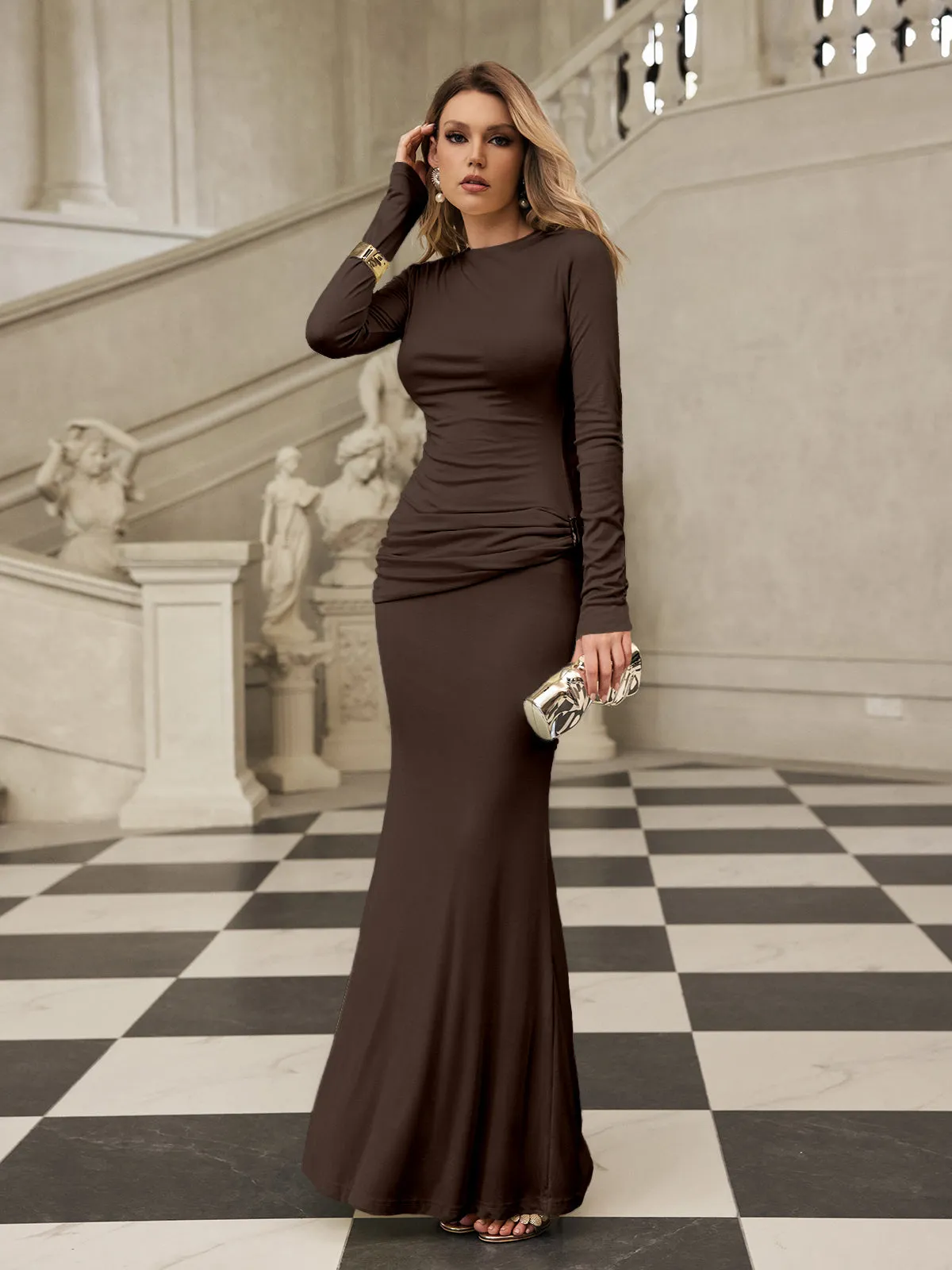 Paeltrix Long Sleeve Ruched Maxi Dress In Brown sold by Mew Mews product image thumbnail 3