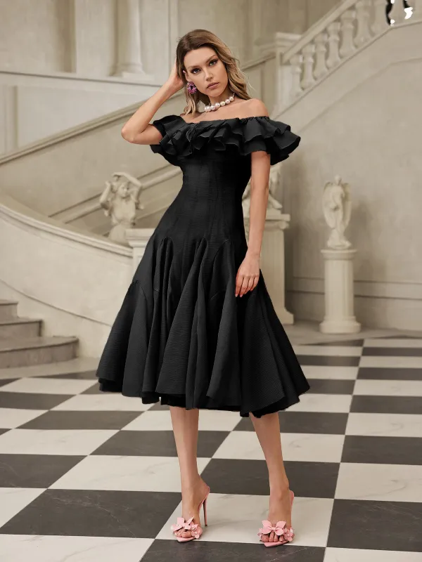 Gaelthar Off Shoulder Ruffle Midi Dress In Black sold by Mew Mews