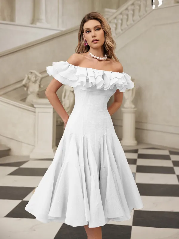 Gaelthar Off Shoulder Ruffle Midi Dress In White sold by Mew Mews