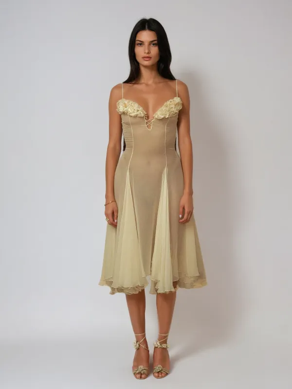 Kaveri Spaghetti Ruched Mesh Split Midi Dress sold by Mew Mews