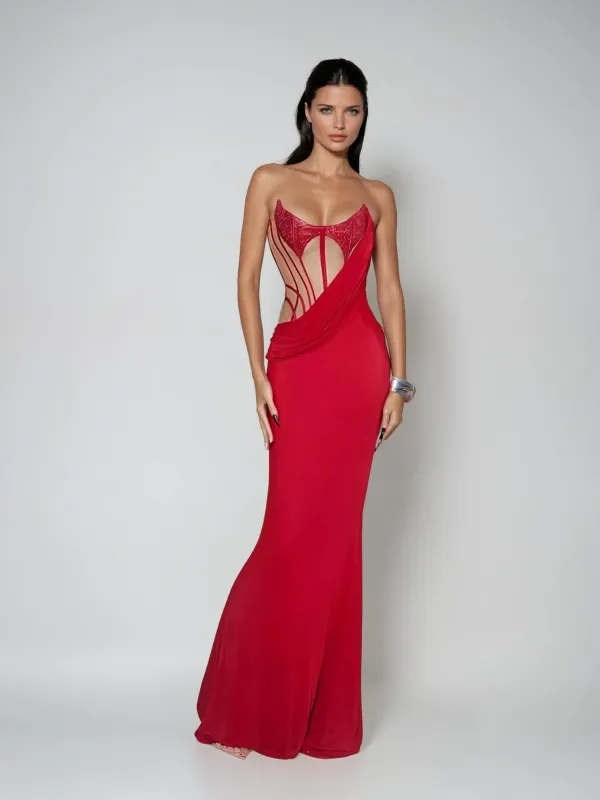 Kathani Strapless Draped Maxi Dress made by Mew Mews