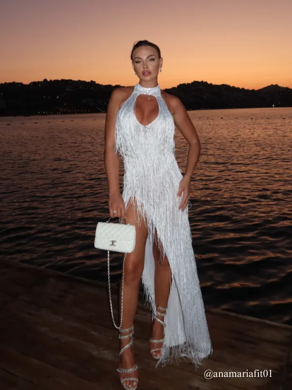 Elvrik Halterneck Fringe Cutout Split Maxi Dress In White sold by Mew Mews