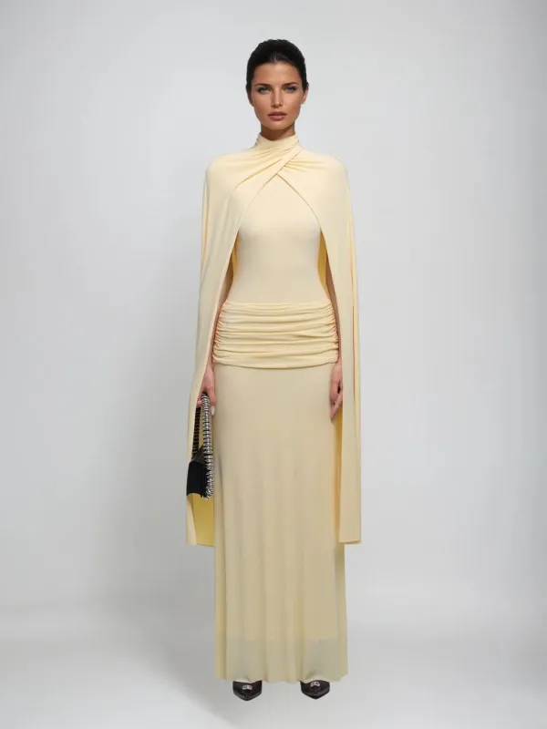 Katlyn Ruched Cape Maxi Dress sold by Mew Mews
