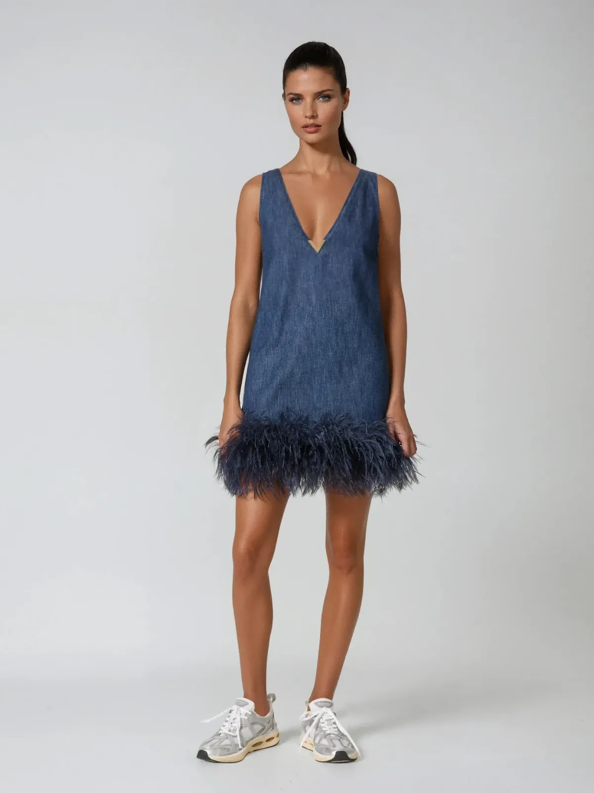 Katet V Neck Feather Denim Mini Dress sold by Mew Mews