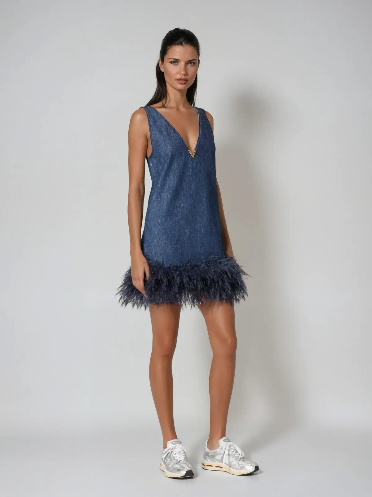 Katet V Neck Feather Denim Mini Dress sold by Mew Mews product image thumbnail 2