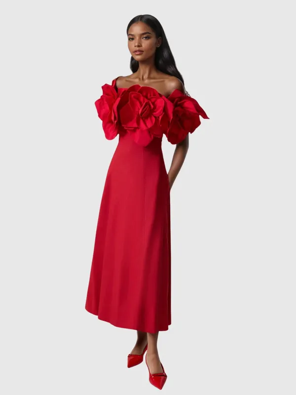 Katashi Off Shoulder Flower Midi Dress sold by Mew Mews
