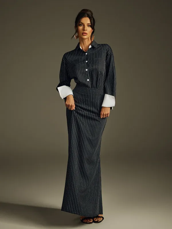 Hryixel Folded Collar Stripe Skirt Set sold by Mew Mews