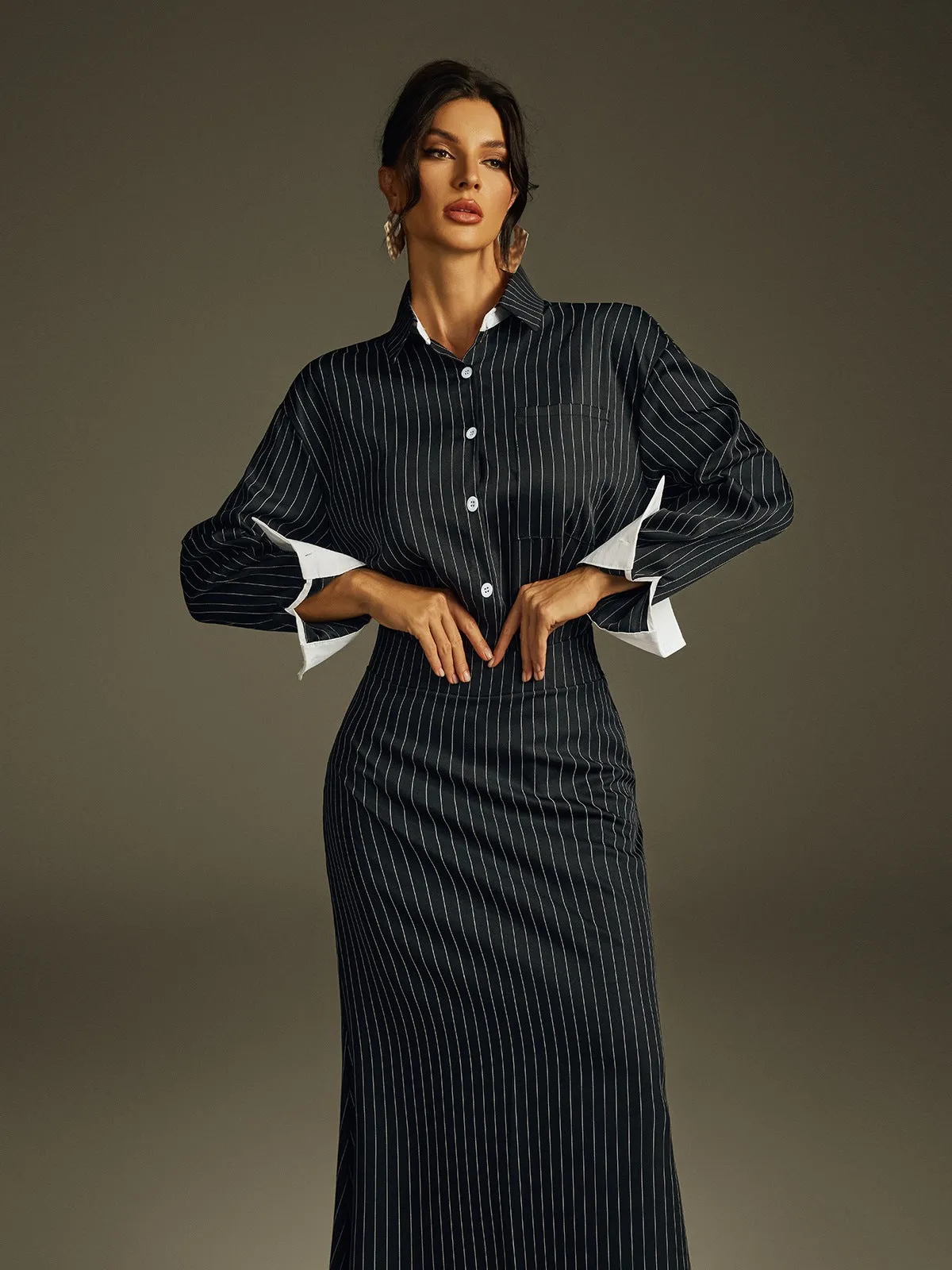 Hryixel Folded Collar Stripe Skirt Set sold by Mew Mews product image thumbnail 2