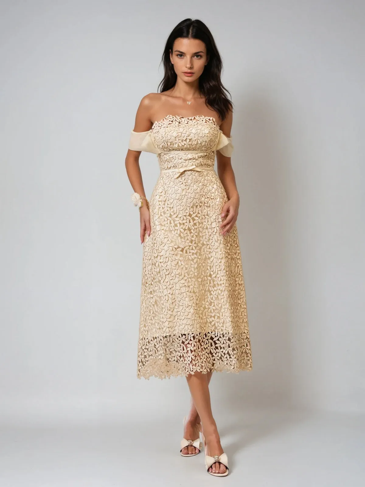 Geyren Off Shoulder Embroidered Midi Dress sold by Mew Mews