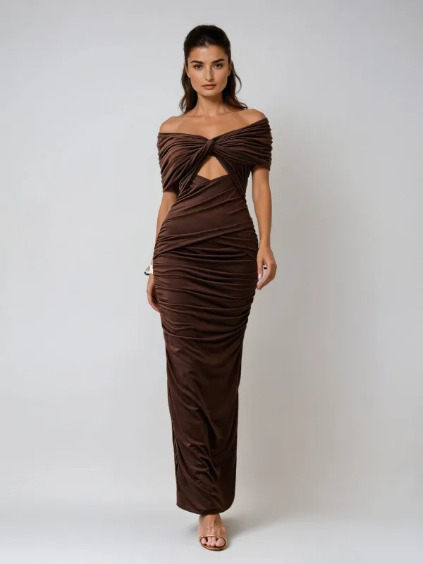 Faelys Off Shoulder Cutout Ruched Maxi Dress sold by Mew Mews