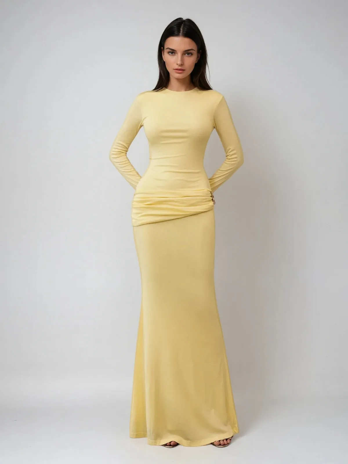 Paeltrix Long Sleeve Ruched Maxi Dress In Butter Yellow sold by Mew Mews