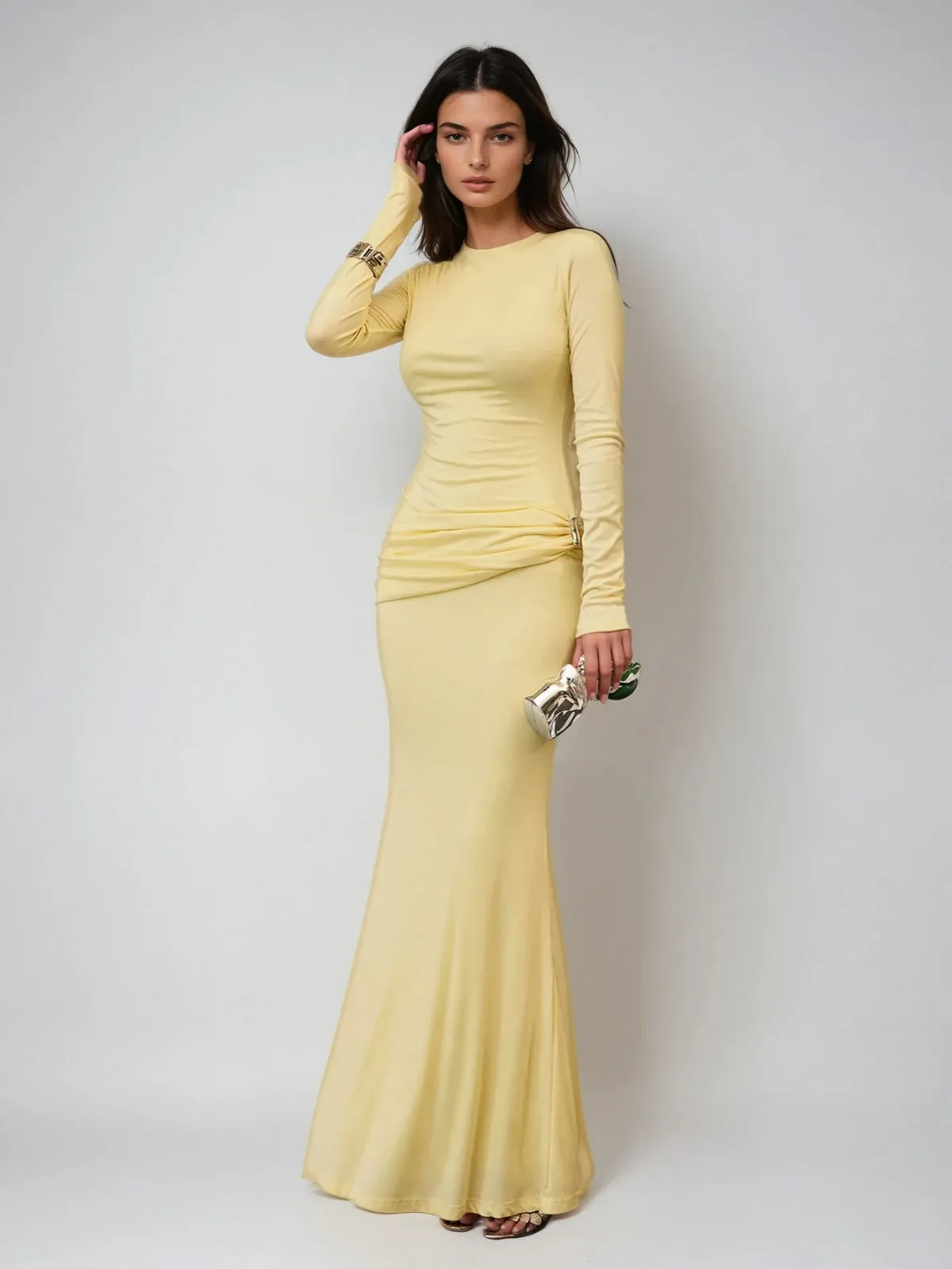 Paeltrix Long Sleeve Ruched Maxi Dress In Butter Yellow sold by Mew Mews product image thumbnail 3