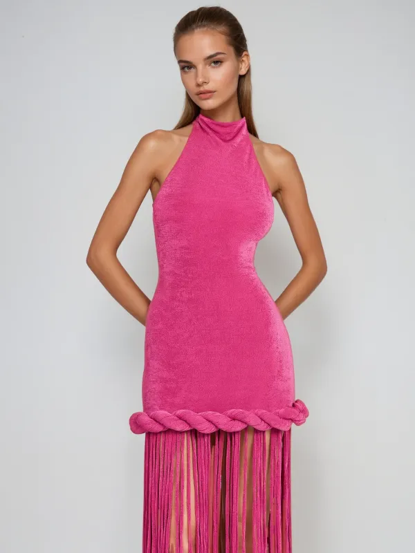 Litonya Halterneck Fringe Velvet Maxi Dress sold by Mew Mews