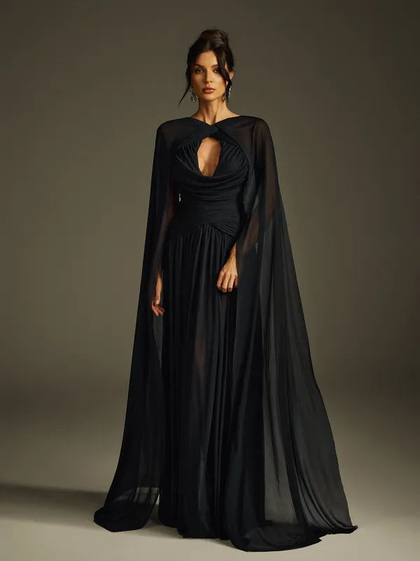 Haldris Cape Sleeve Draped Maxi Dress sold by Mew Mews