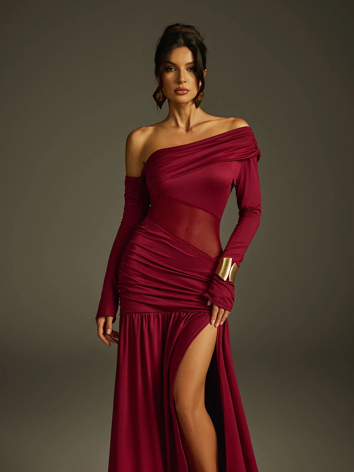 Jaelys One Shoulder Split Ruched Maxi Dress sold by Mew Mews product image thumbnail 5