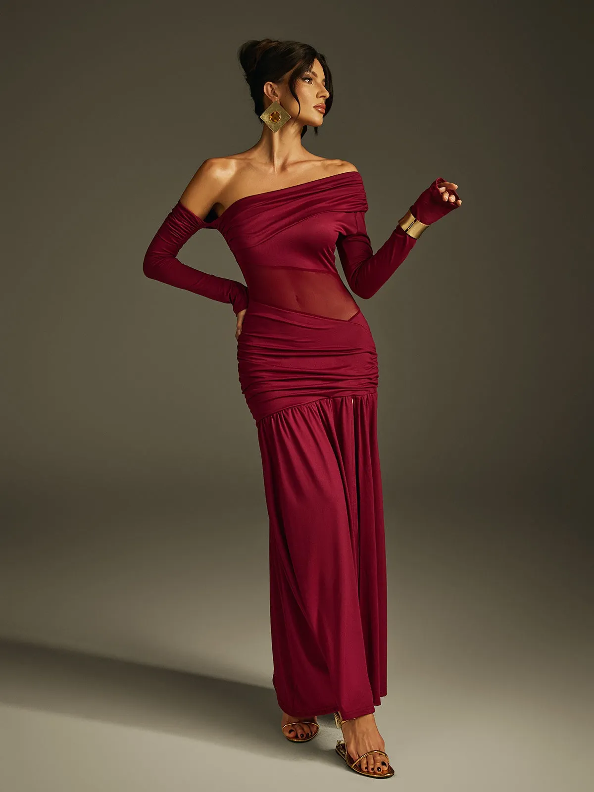 Jaelys One Shoulder Split Ruched Maxi Dress sold by Mew Mews product image thumbnail 3
