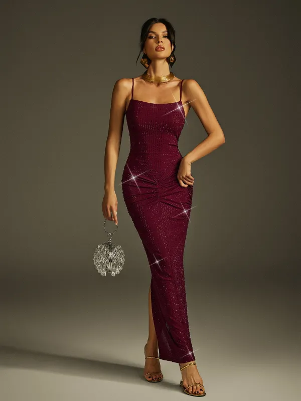 Jaeris Spaghetti Rhinestone Split Maxi Dress sold by Mew Mews