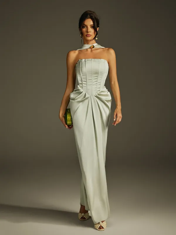 Izron Halterneck Ruched Lace Up Maxi Dress sold by Mew Mews