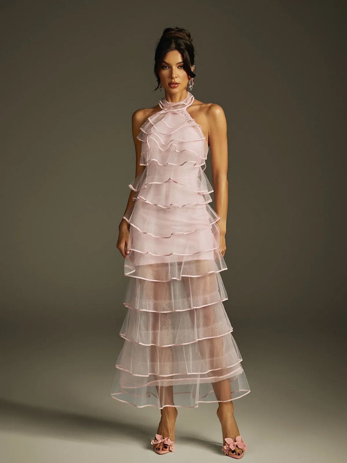Gaelthis Halterneck Ruffle Tiered Mesh Maxi Dress sold by Mew Mews product image thumbnail 3