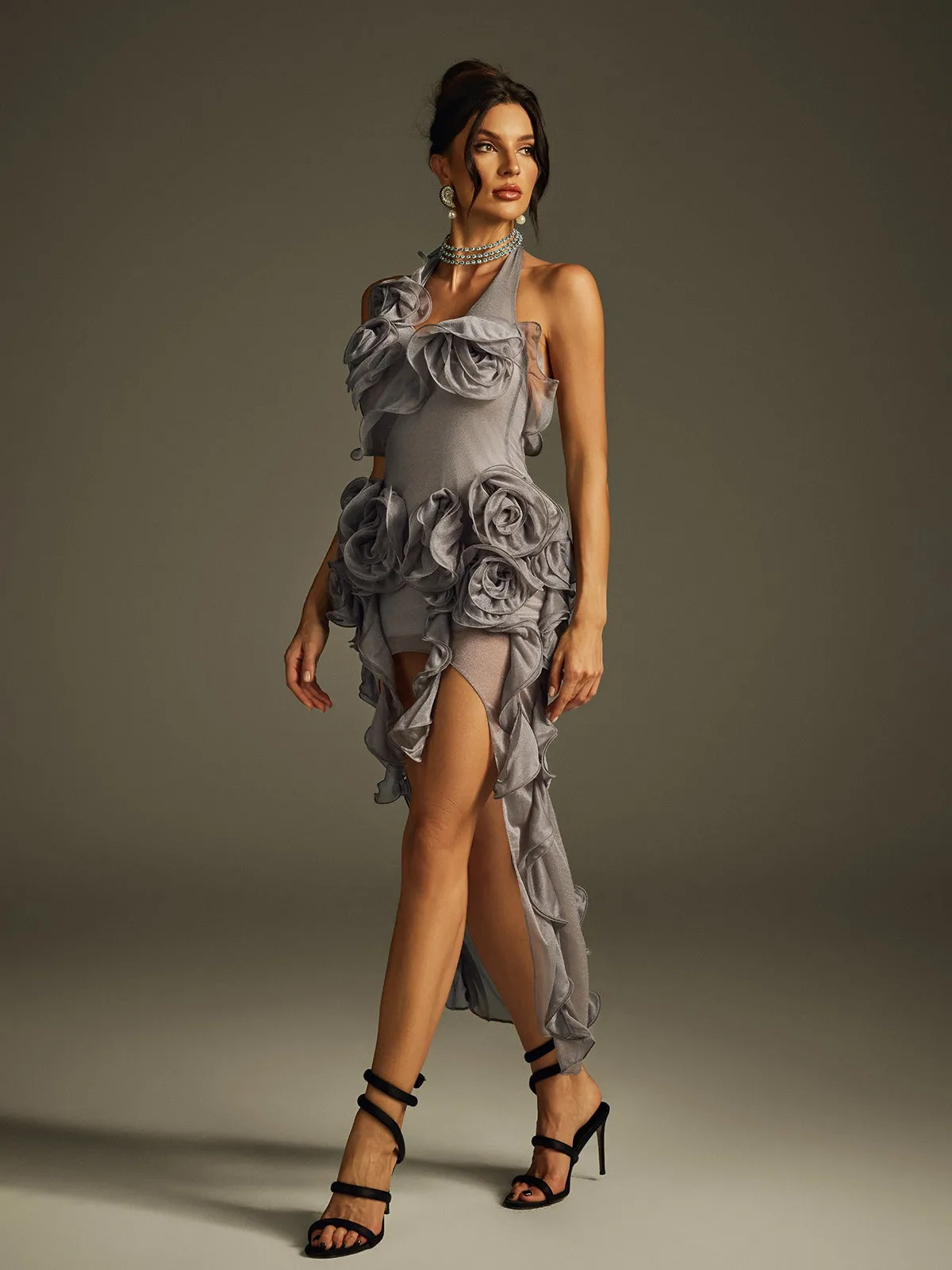 Haeris Halterneck Flower Mesh Midi Dress In Grey sold by Mew Mews product image thumbnail 5