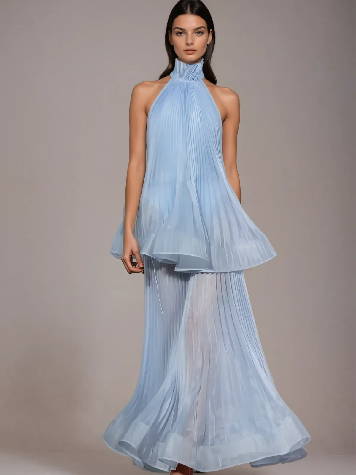 Lindita Halterneck Pleated Tiered Maxi Dress sold by Mew Mews