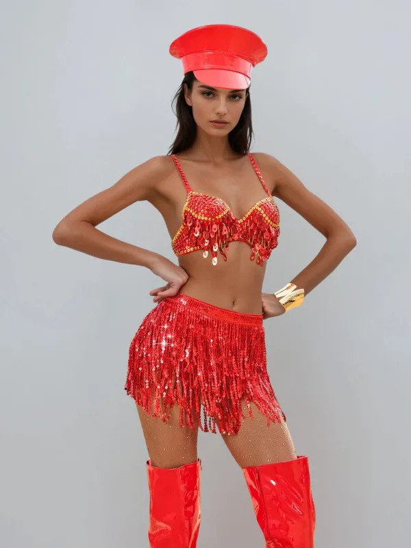 Maeron Sequin Fringe Skirt Set In Red sold by Mew Mews