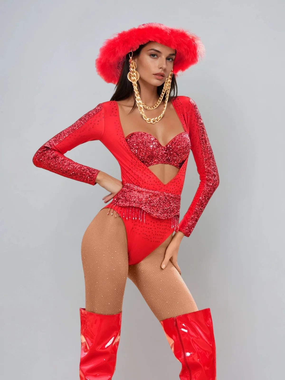 Myren Long Sleeve Rhinestone Cutout Bodysuit sold by Mew Mews