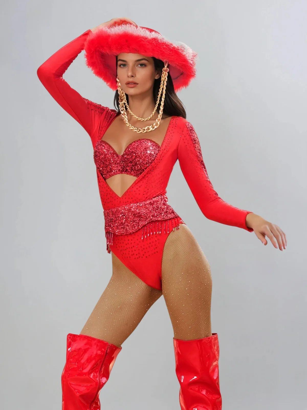 Myren Long Sleeve Rhinestone Cutout Bodysuit sold by Mew Mews product image thumbnail 2