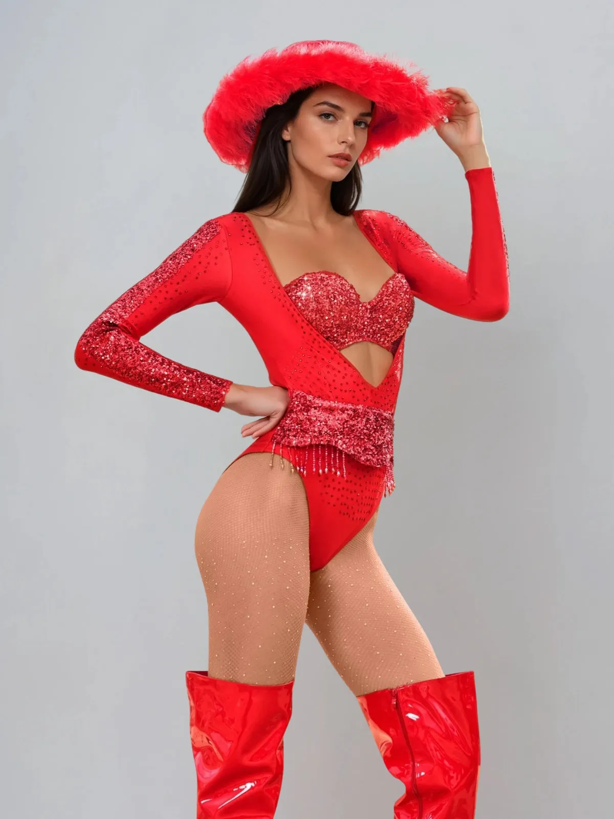 Myren Long Sleeve Rhinestone Cutout Bodysuit sold by Mew Mews product image thumbnail 5