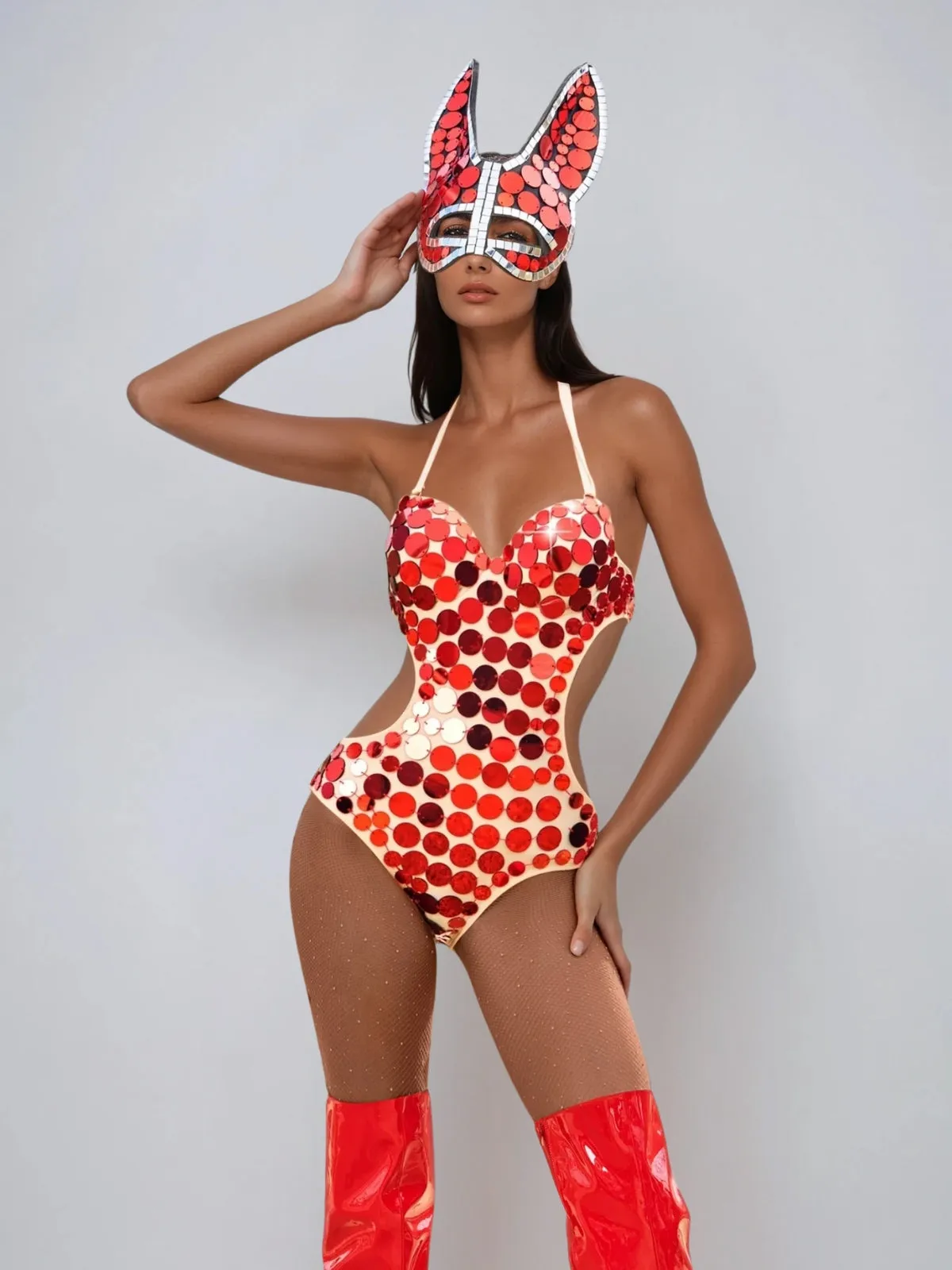 Maeris Halterneck Sequin Bodysuit In Red sold by Mew Mews