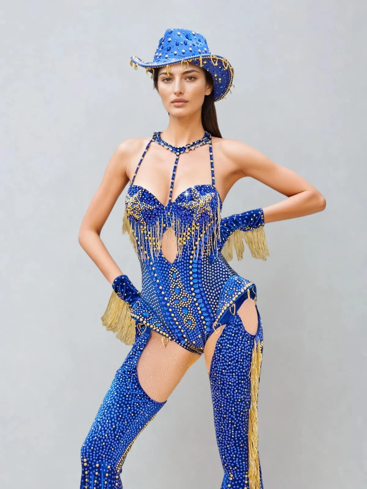 Meyra Halterneck Rhinestone Fringe Bodysuit Set In Blue sold by Mew Mews product image thumbnail 4