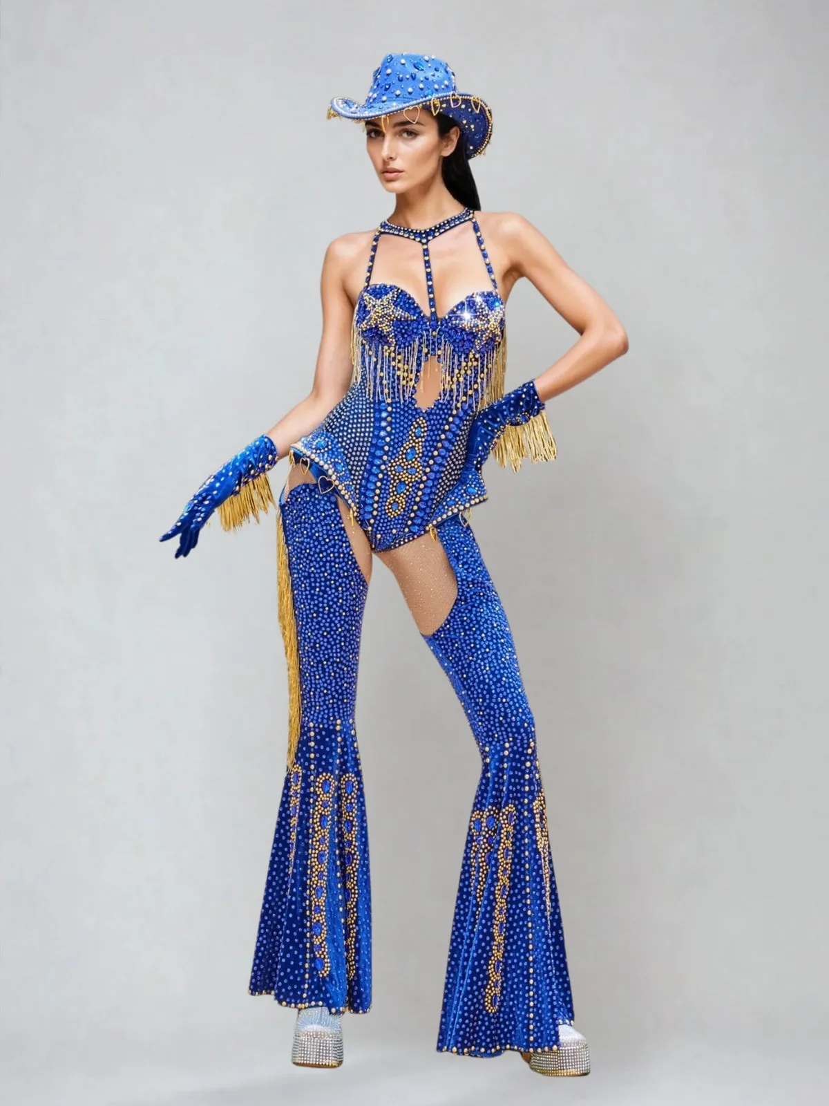 Meyra Halterneck Rhinestone Fringe Bodysuit Set In Blue sold by Mew Mews