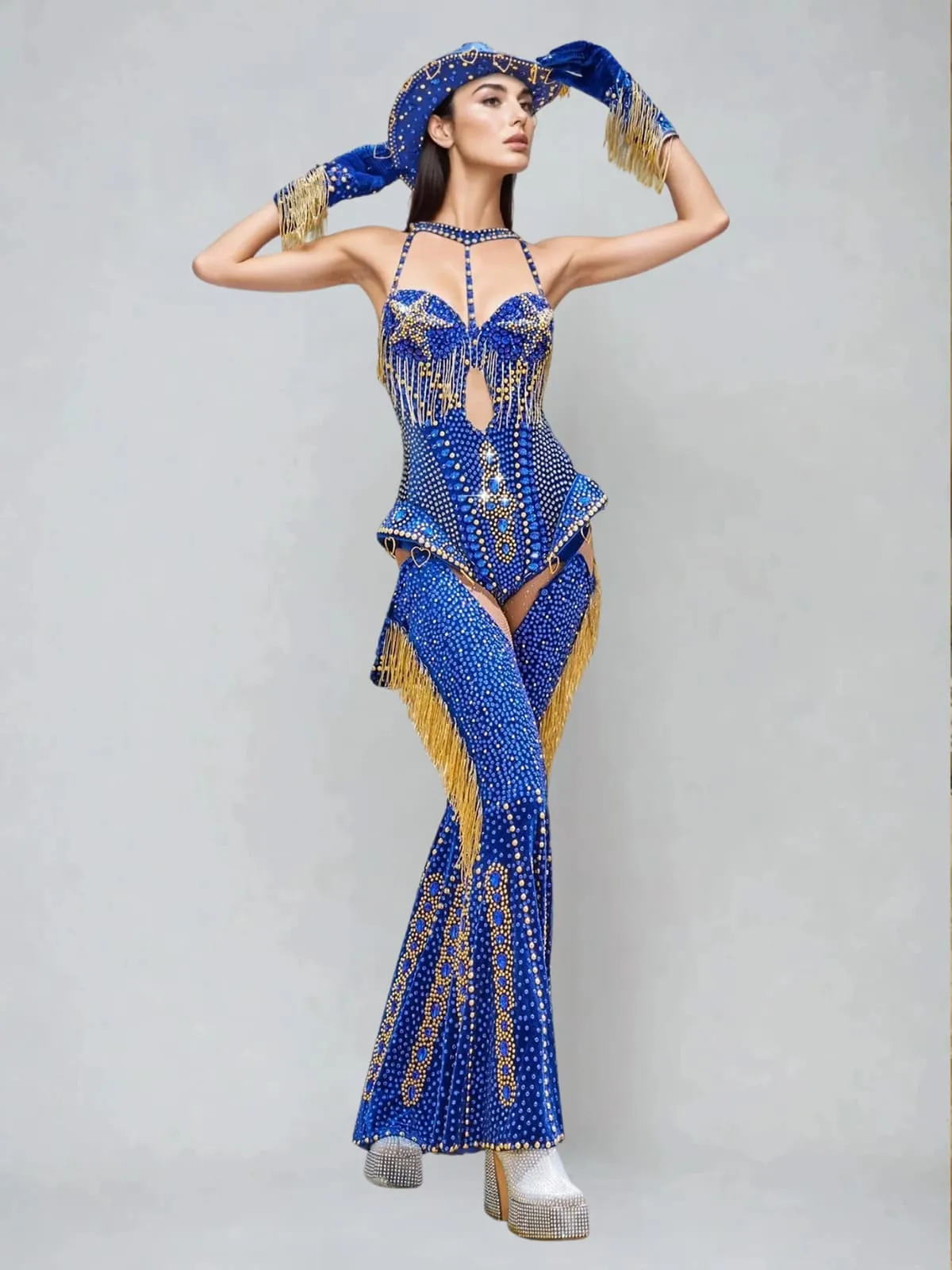 Meyra Halterneck Rhinestone Fringe Bodysuit Set In Blue sold by Mew Mews product image thumbnail 5