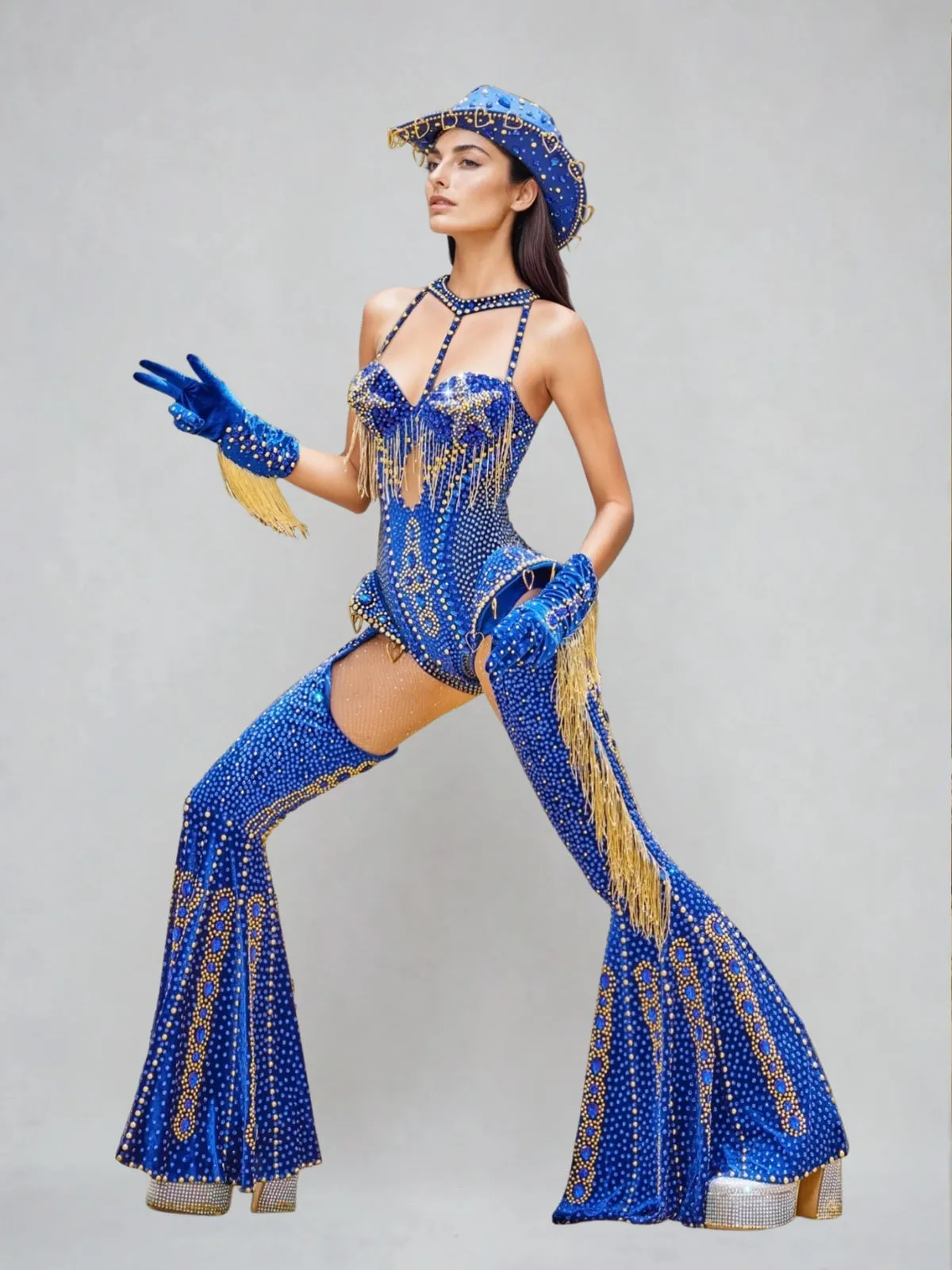 Meyra Halterneck Rhinestone Fringe Bodysuit Set In Blue sold by Mew Mews product image thumbnail 2