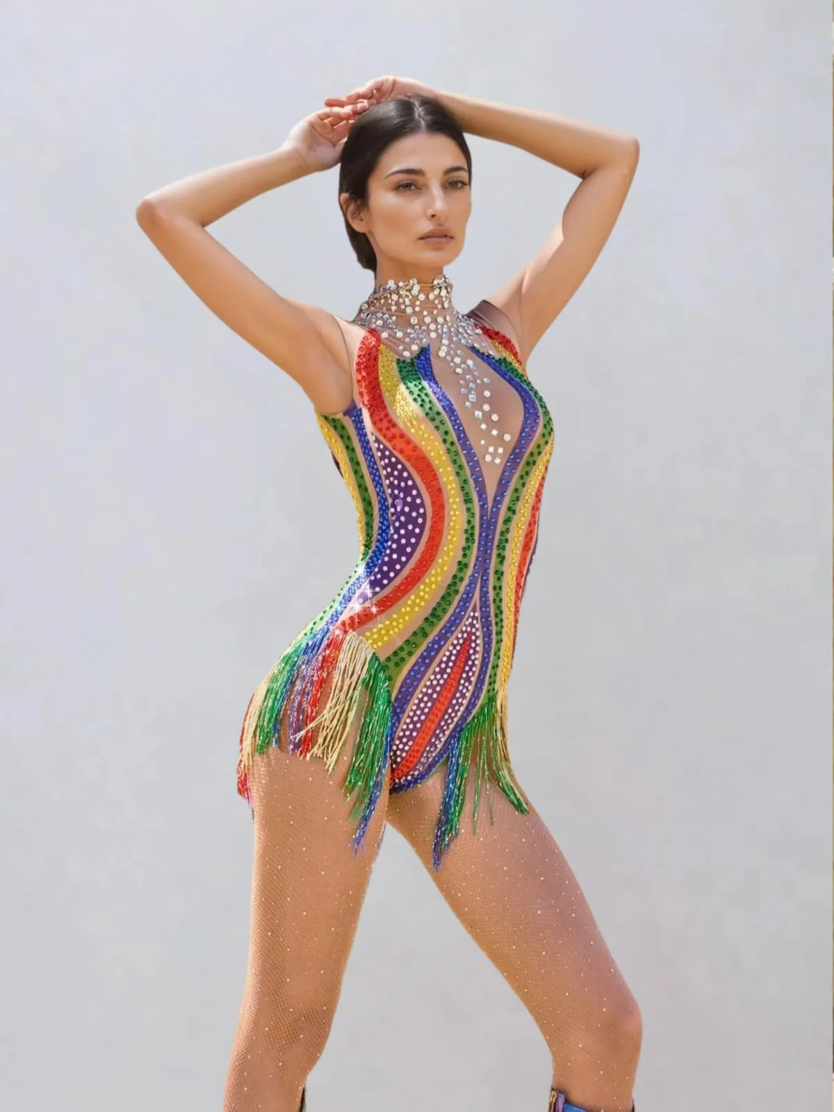 Mazrik High Neck Fringe Rhinestone Bodysuit sold by Mew Mews product image thumbnail 3