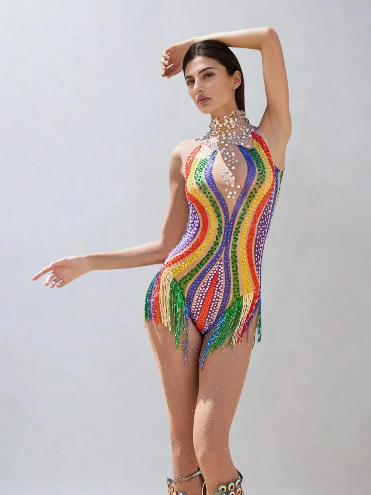 Mazrik High Neck Fringe Rhinestone Bodysuit sold by Mew Mews product image thumbnail 4