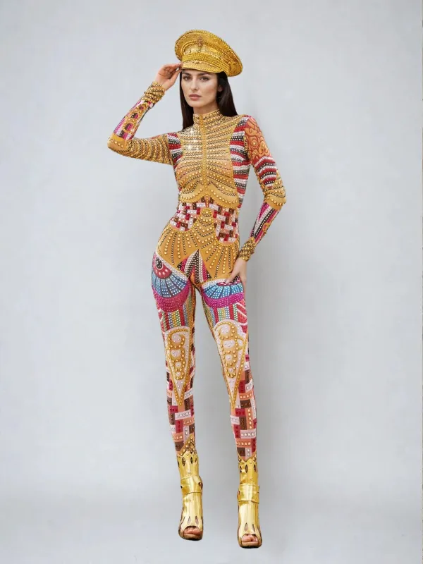 Mazra Long Sleeve Printed Embellished Jumpsuit sold by Mew Mews