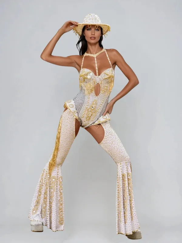 Meyra Halterneck Rhinestone Fringe Bodysuit Set In White sold by Mew Mews