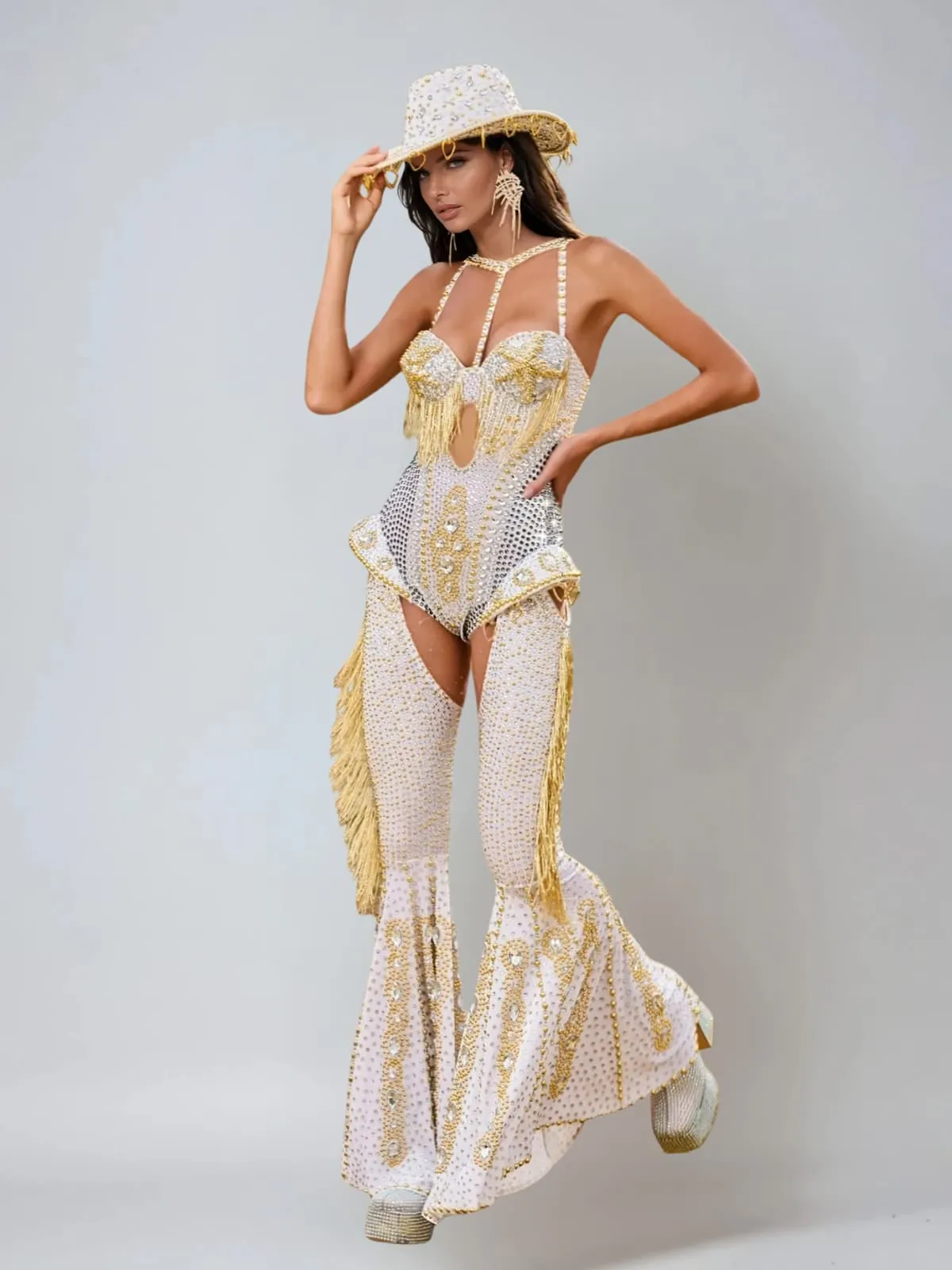 Meyra Halterneck Rhinestone Fringe Bodysuit Set In White sold by Mew Mews product image thumbnail 5