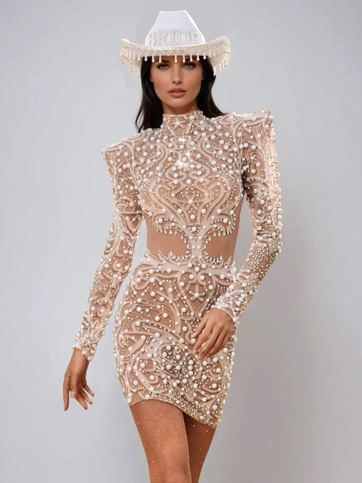 Karissa Rhinestone Pearl Mesh Mini Dress sold by Mew Mews product image thumbnail 3