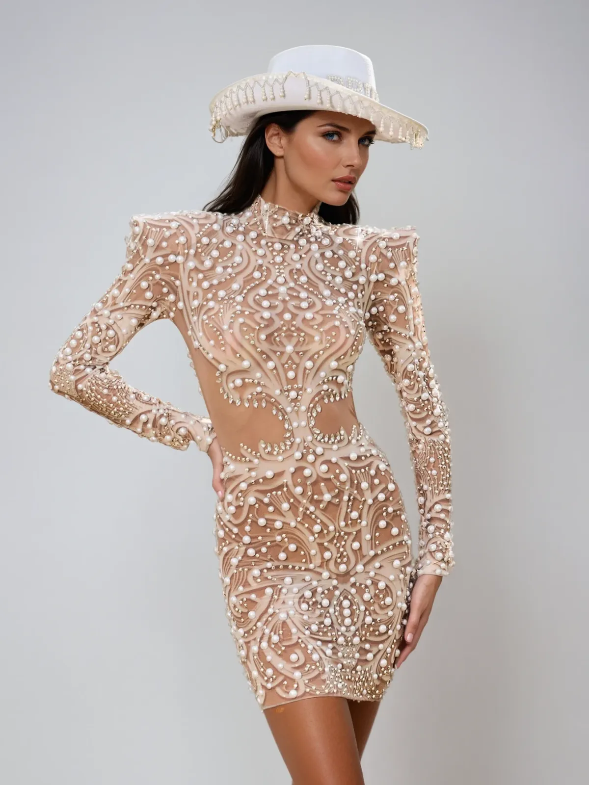 Karissa Rhinestone Pearl Mesh Mini Dress sold by Mew Mews product image thumbnail 2