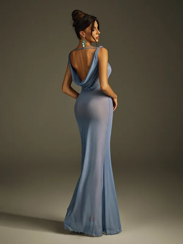 Ilyria Sleeveless Draped Mesh Maxi Dress sold by Mew Mews