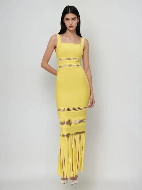 Ouida Cutout Fringe Maxi Dress In Yellow sold by Mew Mews