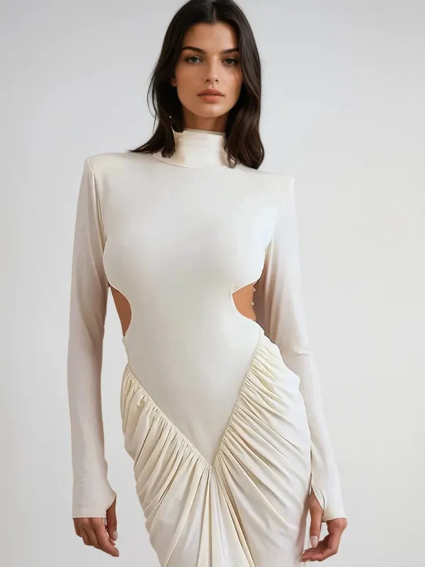 Gwydion High Neck Ruched Maxi Dress sold by Mew Mews