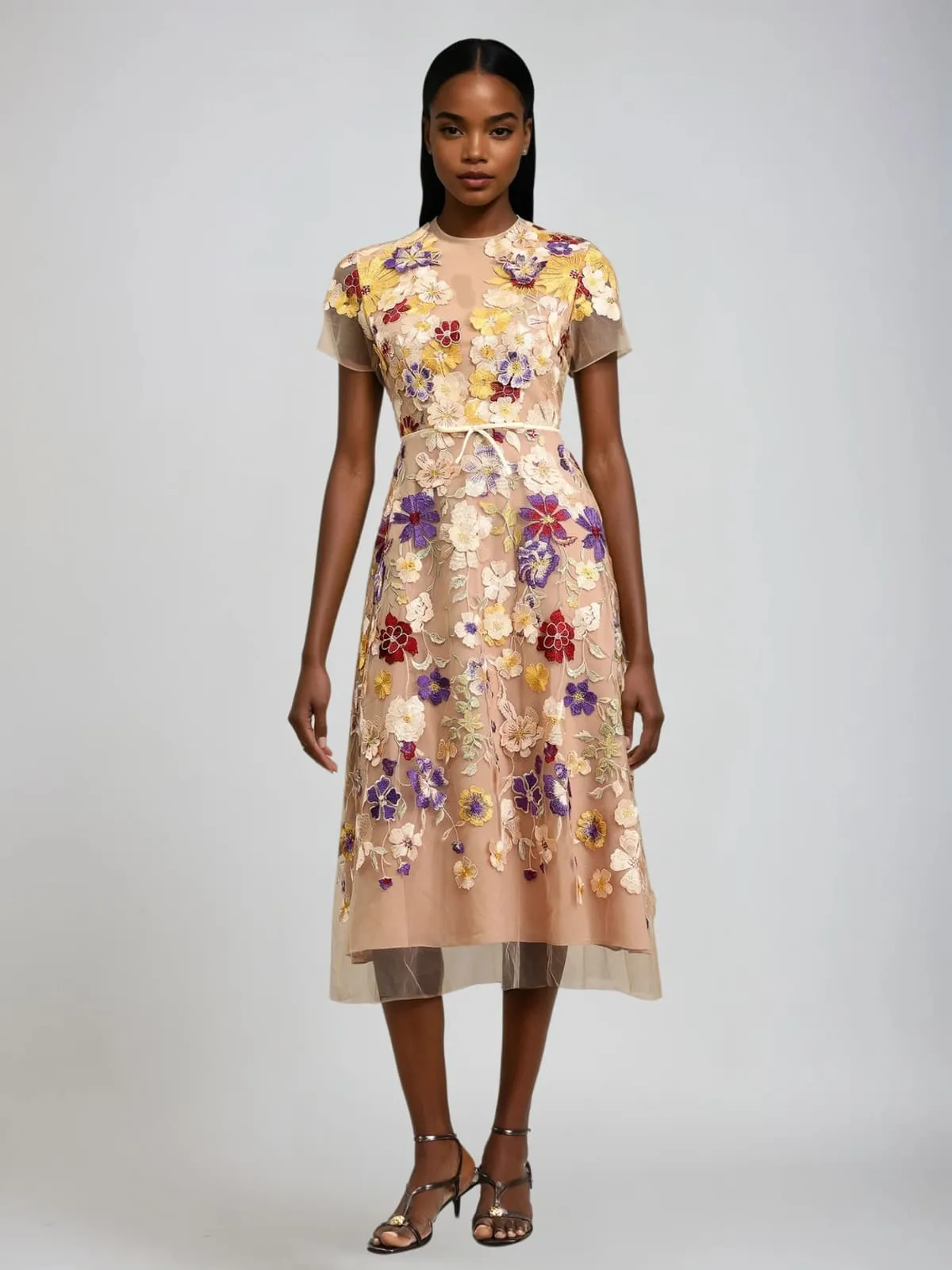Geyra Short Sleeve Flower Embroidered Midi Dress sold by Mew Mews