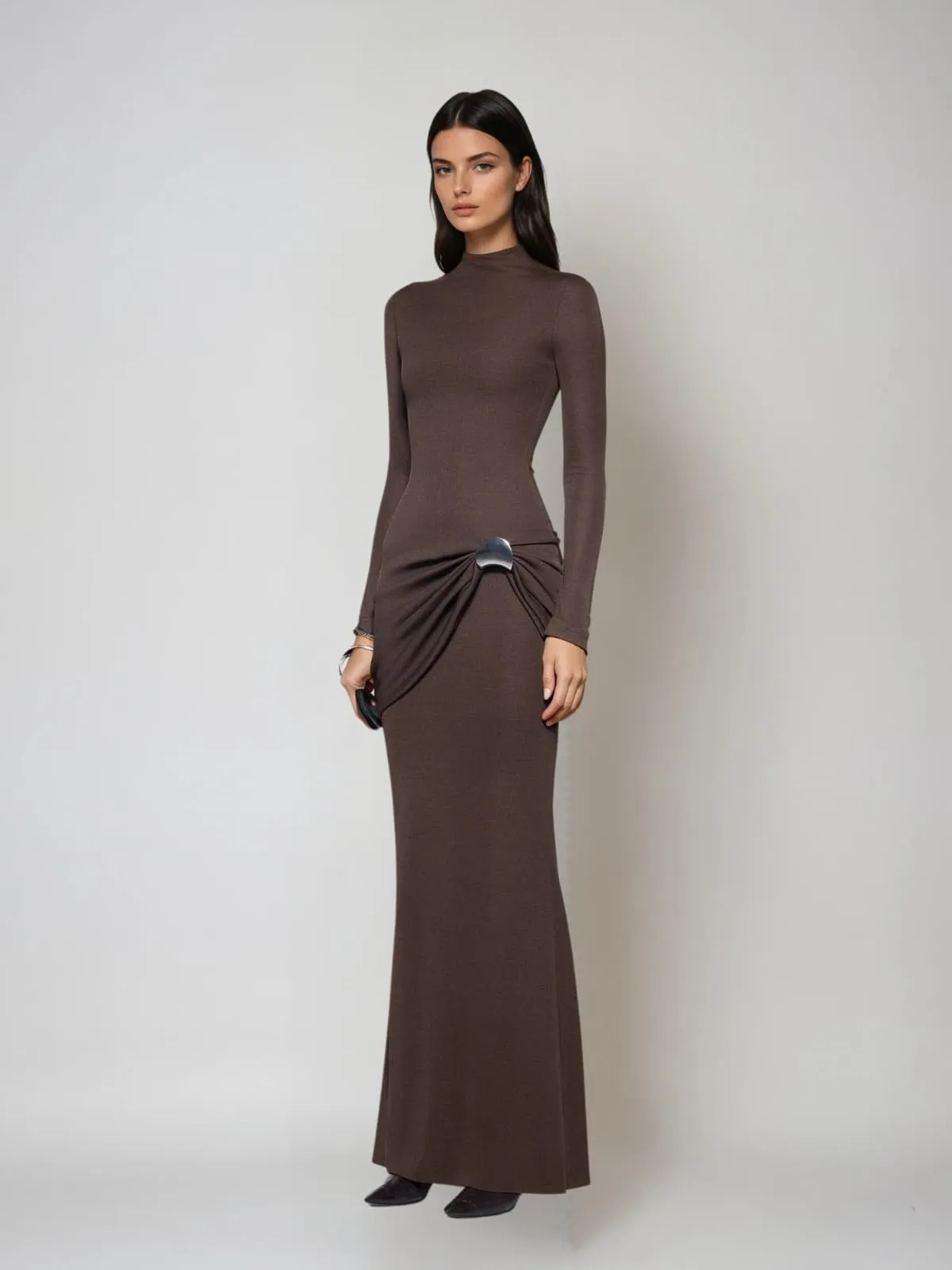 Paeltrix Long Sleeve Ruched Maxi Dress In Brown sold by Mew Mews product image thumbnail 2