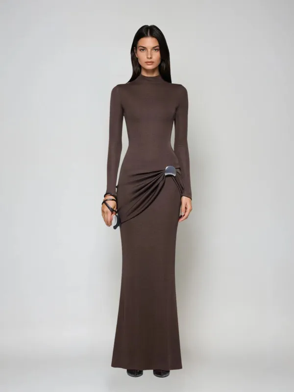 Paeltrix Long Sleeve Ruched Maxi Dress In Brown sold by Mew Mews